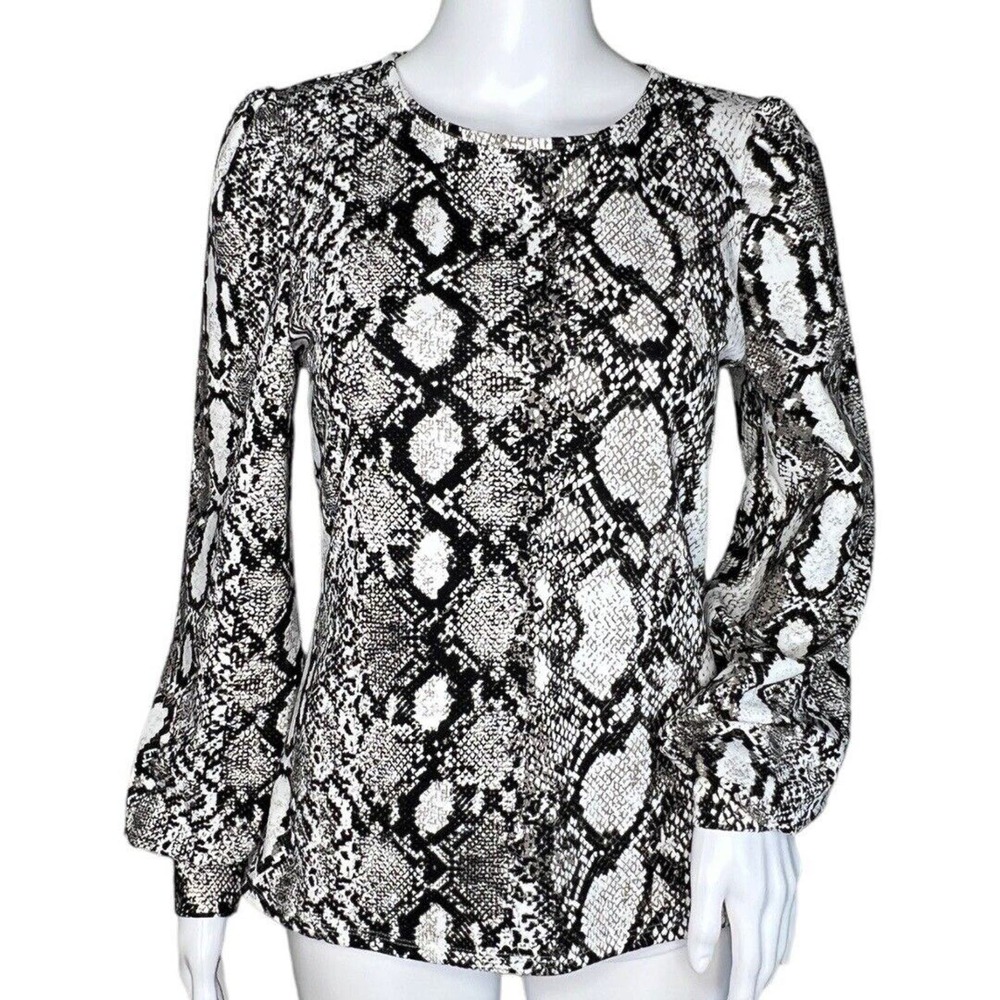 Express Shirt Womens Small Black Gray Snake Print Blouse Puff‎ Sleeves Reptile